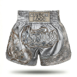 Shorts de boxe et MMA unisexes personnalisés, rouge et noir, imprimés par transfert thermique, ajustés, anti-humidité, imperméables, polyester/coton 140g, sport - Product Image 1