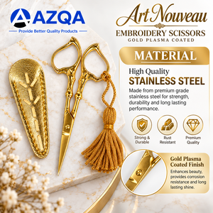Ciseaux à broder élégants en acier inoxydable Art Nouveau, revêtement plasma doré, avec étui doré pour la couture, l'artisanat et la broderie. - Product Image 3