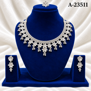MOLL JEWELLERS Classic Flower Design Tibetan Silver Zircon Rhodium Plated Necklace Earring <b>Set</b> <b>for</b> <b>Women</b> <b>Wedding</b> Jewelry A-23511 - Product Image 1