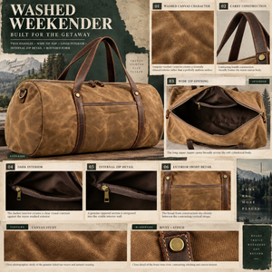 Washed Oil Waxed Canvas Weekender Duffel <b>Bag</b> with Carry Handles & Zip Top | <b>Tan</b> Brown Portable Durable Outdoor Travel Luggage - Product Image 5
