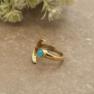 Celestial Crescent Moon Aqua Chalcedony <b>Ring</b> 14K Gold Plated Brass <b>Adjustable</b> Unisex Boho Daily Wear Jewelry - Product Image 2