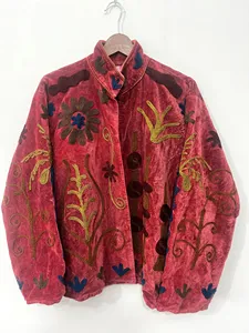 Premium Red <b>Velvet</b> Embroidered Suzani Jacket Floral Pattern Full Sleeve Stand Collar Handmade Bohemian Style Winter <b>Coat</b> - Product Image 1