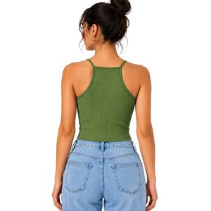 Débardeur court côtelé vert olive personnalisé pour femme, sans manches, à fines bretelles, coupe ajustée, décontracté, pour l'été, style camisole, vêtement OEM - Product Image 2
