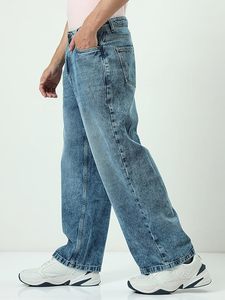 Jean en denim délavé bleu décontracté pour homme, coupe droite ample taille mi-haute, 100 % coton, style vintage, écologique et de qualité supérieure - Product Image 2