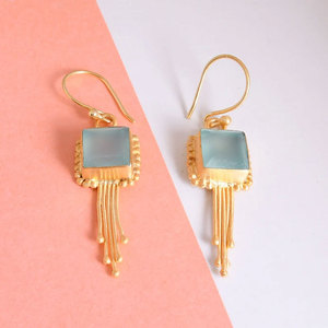 ต่างหูทรงหยดน้ำวินเทจประดับแคลซิโดนีสีน้ำเงินทรงสี่เหลี่ยมทำจากทองเหลืองชุบเงินสำหรับงานปาร์ตี้ - Product Image 6