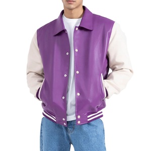 Veste universitaire d'hiver personnalisée pour homme en laine et cuir avec col montant et logo brodé sur le devant - Product Image 5