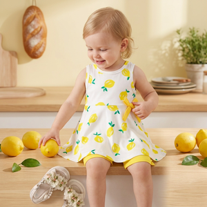 Ensemble robe sans manches et short jaune à imprimé citron pour filles, tenue d'été mignonne, tissu respirant en polyester et coton, Bangladesh - Product Image 4
