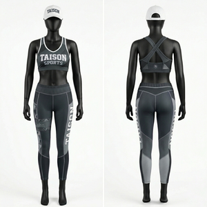 Conjunto deportivo para mujer, leggings de poliéster y spandex GSM y sujetador deportivo, paneles en contraste verde neón, logotipo sublimado que absorbe la humedad - Product Image 4