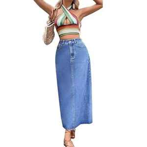Jupe cargo en jean sexy et décontractée à taille haute avec plusieurs poches, mini-jupe en jean, jupe longue en jean patchwork en coton pour femme - Product Image 4