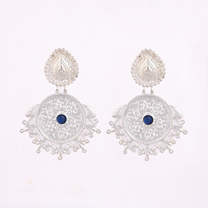 Women's <b>Blue</b> Stone Studded Floral Design Ethnic Dangle <b>Earrings</b> | Brass <b>Silver</b> Plating - Product Image 1