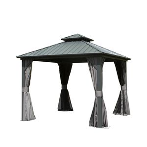 10 X 10 Hardtop Aluminum Metal Gazebo with Galvanized Steel Double <b>Roof</b> <b>Canopy</b> & Curtain Netting Permanent Pergola - Product Image 1