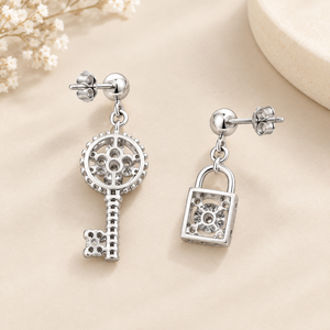 Pendientes de plata 925 con diseño de llave y candado para mujer, con moissanita de corte redondo y engaste de diamantes, joyería clásica para mujer - Product Image 3