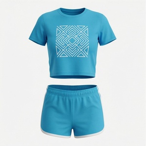 Ensemble sportif 2 pièces pour femmes, haut court à manches courtes et short au-dessus du genou, imprimé géométrique, séchage rapide, bleu, tenue d'été - Product Image 1