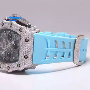 Bracelet de luxe rectangulaire en caoutchouc bleu, style sport hip-hop, entièrement serti de diamants, en acier inoxydable, boîtier carré de 41 mm - Product Image 3