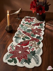 <b>Christmas</b> Embroidered <b>Table</b> Runner with Poinsettia and Birds Design Handmade Fabric Irregular Shape Decorative <b>Mat</b> - Product Image 3