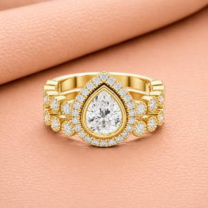 Ensemble de bagues de mariée en diamant Royal Teardrop Halo pour femmes, luxe, coupe ovale, alliance de fiançailles et de mariage, or massif 14 carats plaqué rhodium - Product Image 3