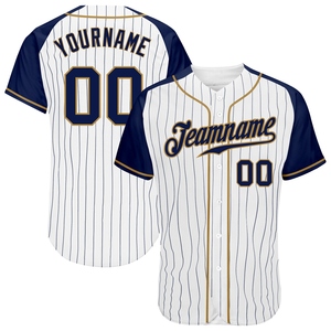 Wholesale Best Selling OMMIZ INDUSTRY Custom White Navy Pinstripe Navy-Old Gold Authentic <b>Raglan</b> Sleeves Baseball Jersey - Product Image 1