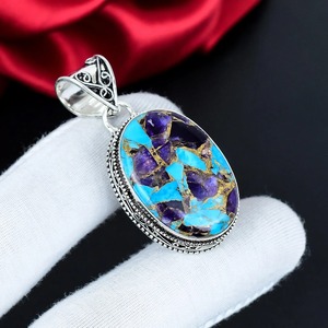Blue <b>Copper</b> Turquoise Oval Bezel Setting Pendant 925 Sterling Silver Handmade Gemstone Necklace Wholesale Jewelry Unisex - Product Image 5