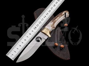 Couteau de chasse OEM Wirecut en acier Damas, couteau à dépecer, lame fixe avec manche en agneau, couteau de camping et d'extérieur EDC avec étui en cuir - Product Image 2