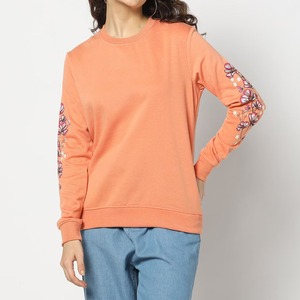 Sweat-shirt en maille pour femme, col rond, couleur corail, avec broderie florale sur les manches, style décontracté - Product Image 1