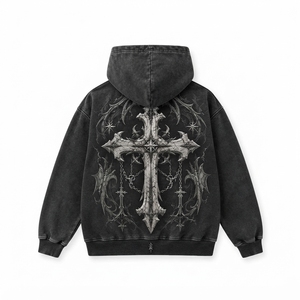 Sudadera con Capucha Oversize para Hombre con Estampado de Cruz Gótica, Lavado Ácido, Negra, Estilo Urbano, ONEAPEX, Venta al por Mayor Personalizada - Product Image 3