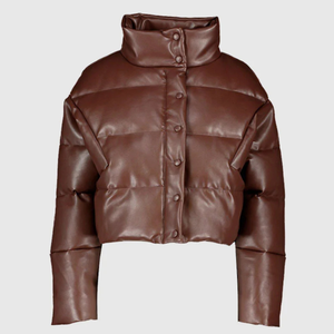 Chaqueta Corta Acolchada de Piel Sintética Marrón para Mujer, Abrigo Grueso y Cálido para Invierno - Product Image 3
