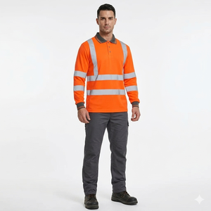 Camiseta Polo de Manga Larga de Secado Rápido, Naranja, Alta Visibilidad, con Tiras Reflectantes, para Trabajo de Construcción Vial, con Logotipo Personalizado OEM - Product Image 1