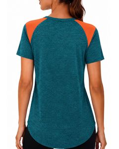 Customized Women Teal And Orange Quick Dry Sports T Shirt Breathable Lightweight Gym Running Athletic Activewear Tee <b>Top</b> - Product Image 2