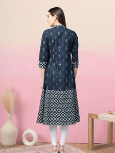 Cotton Geometric Print Short <b>Kurti</b> Blue & Ikat Printed A Line Kurta Collection Collared Neck Three Fourth Sleeve Women Clothing - Product Image 4