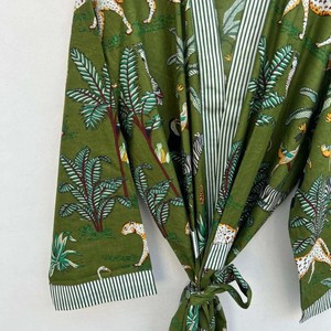 Bata Kimono Larga de Algodón Estampado con Cuello en V y Cintura Ajustable, Lavable a Máquina, para Maternidad, Dama de Honor o Ropa de Noche - Product Image 1