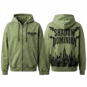 เสื้อฮู้ดซิปสีน้ำเงินแบบย้อมสีเอซิด สตรีทแวร์ พิมพ์ลายกราฟิก เสื้อฮู้ดผู้ชาย ผ้าฝ้ายฟลีซหนานุ่ม ผลิตจากโรงงานโดยตรง - Product Image 4