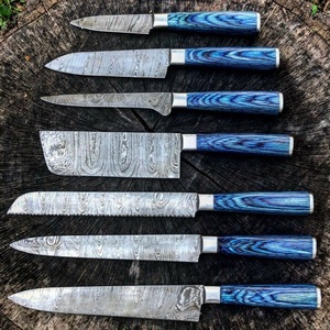 7 PCS Handmade Damascus Steel Blade Kitchen <b>Knife</b> <b>Set</b> with Blue Wood Handles Professional Chef <b>Knife</b> Collection - Product Image 3