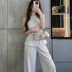 Conjunto de Dos Piezas a Rayas sin Mangas para Mujer, Top Peplum sin Cuello, Pantalones Anchos, Atuendo de Oficina para Dama - Product Image 1