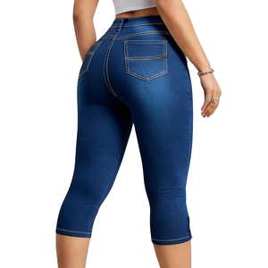 Womens Dark Blue Washed <b>Denim</b> Capri Pants High Waist Skinny <b>Stretch</b> Breathable Casual Cropped Button Hem Fit Daily Wear Style - Product Image 2