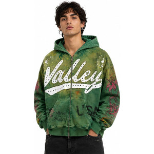 เสื้อฮู้ดซิปพิมพ์ลาย Valley USA สำหรับผู้ชาย ทรงโอเวอร์ไซส์ สไตล์สตรีทแวร์ ลายเปลวไฟสีเขียว ผลิตจากผ้าโพลีเอสเตอร์ถัก - Product Image 4