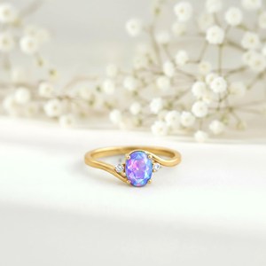Minimalist Oval Lavender Fire <b>Opal</b> <b>Ring</b> October Birthstone <b>Ring</b> 925 Sterling Silver 18K <b>Gold</b> Filled Natural Gemstone Jewelry - Product Image 3