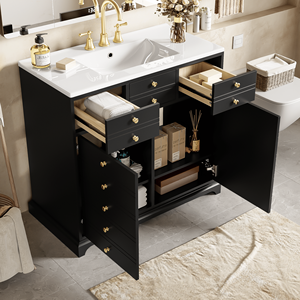 Mobile Bagno Freestanding da 36 Pollici con 2 Cassetti, Struttura in Legno Massello e Lavabo in Resina, Armadietto Contenitore Incluso - Product Image 4