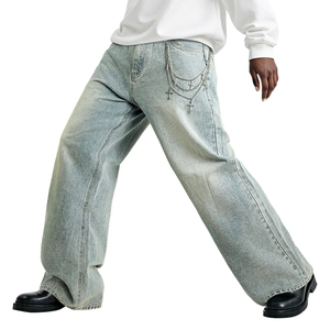 Jean en denim streetwear à jambe large, taille haute, coupe ample, en coton, pour homme, couleur unie, style automne - Product Image 5