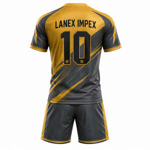 Ensemble de maillots de football personnalisés par sublimation pour hommes, uniforme de football à manches courtes, maillot et short d'équipe, noir et or, respirant, séchage rapide - Product Image 2