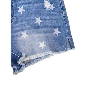 Shorts en jean taille haute pour femme avec imprimé étoiles blanches, ourlet effiloché, style décontracté - Product Image 3