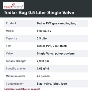 Bolsa de muestreo de gases TECHINSTRO Tedlar de 0.5 litros con válvula única de película PVF, a prueba de fugas, para muestreo de gases en aire, VOC, humos y suelo - Product Image 6