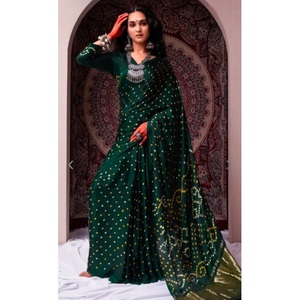 Sari Bandhani Hecho a Mano, Sari Étnico Indio de Seda para Mujer - Product Image 1