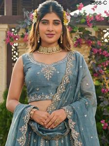 Blue Embroidered <b>Net</b> Lehenga Set Sleeveless Crop <b>Top</b> Dupatta Wedding Banquet Ethnic Wear - Product Image 2