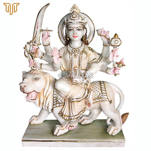 Makrana Stone Maa Durga Idol on Lion | Seated Devi Sculpture with Sacred Weapons and Ornate Halo by MALIYAS Jaipur - Product Image 2