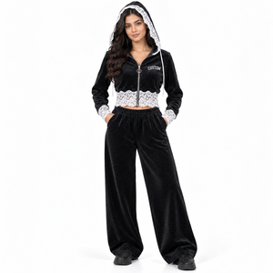 OEM Women's Custom <b>Black</b> Velvet Tracksuit Set Lace Trim Cropped <b>Zipper</b> <b>Hoodie</b> Wide Leg Pants 2 Piece Lounge Sweatsuit Outfit - Product Image 1