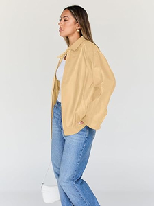 Women's Beige Bomber Jacket Full Sleeve Turn-down Collar Zipper Closure Autumn Style Solid Color Woven Polyester - Product Image 5