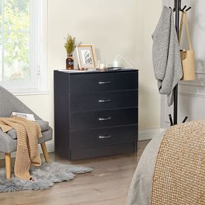 Comodino PB Wood Simple a 4 cassetti, stile moderno, in legno massello e vetro con porte USB e presa di corrente, nero, per camera da letto - Product Image 4