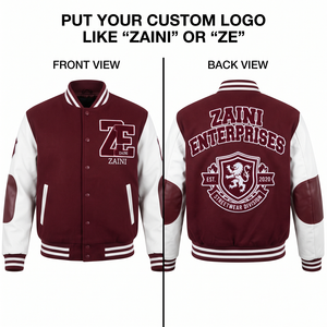 Veste varsity coupe-vent ZAINI 450 GSM en mélange de laine, manches en cuir PU blanc, panneau marron, logo brodé en chenille personnalisé - Product Image 1