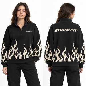 Sweat-shirt personnalisé pour femme, couleur marron flamme, imprimé à l'écran, col zippé, coupe classique, en coton tricoté, décontracté, pour l'automne - Product Image 5