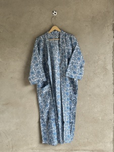 Hand Block Printed Floral V-neck Cotton <b>Kimono</b> Women Full Length Belted Robe Spring Summer <b>Beach</b> Cover Casual Resort Wear - Product Image 1